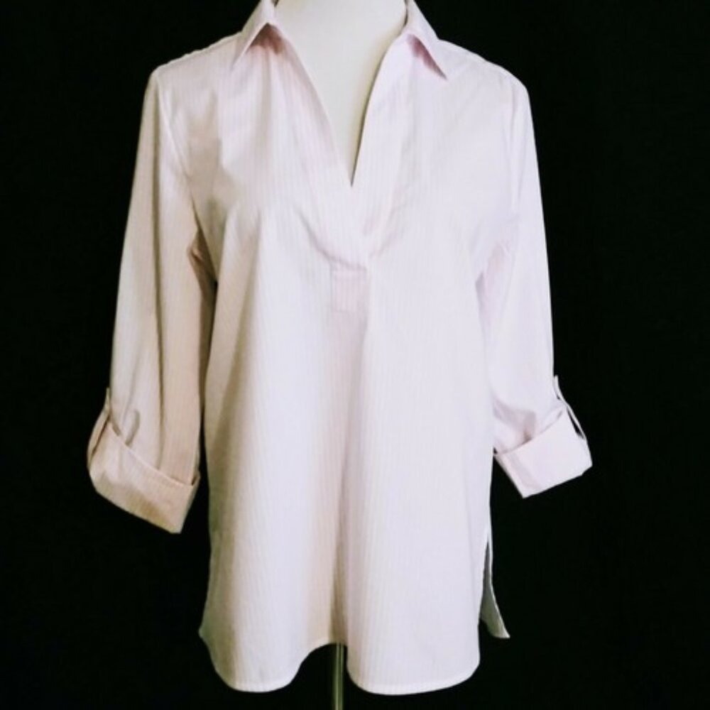 Jones NY Signature Pink Pinstripe Tunic Blouse Top M Roll Tab Slvs Cotton Nice